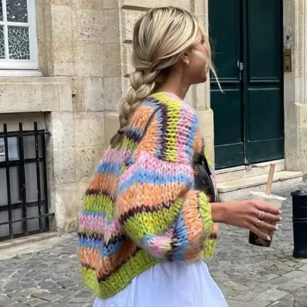 Magdalena | Stribet åben sweater med puffærmer