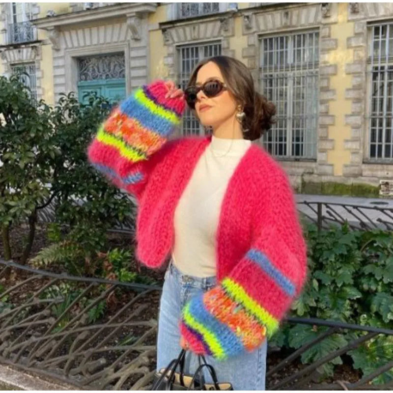 Magdalena | Stribet åben sweater med puffærmer