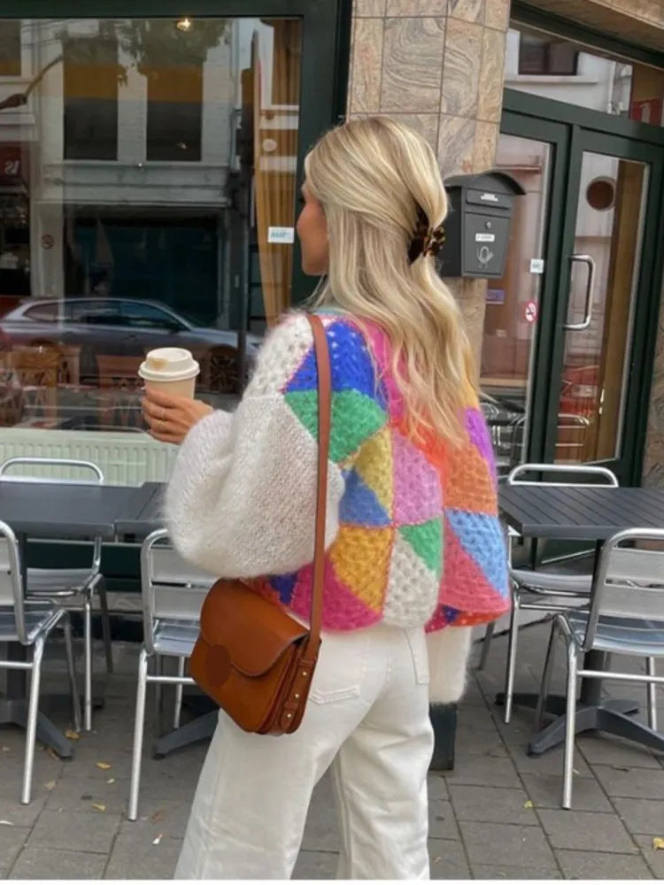 Magdalena | Stribet åben sweater med puffærmer